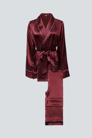 Burgundy MANITO Elite Women's Silk Robe Suit set with shawl collar, tie belt, and folded pants detail.